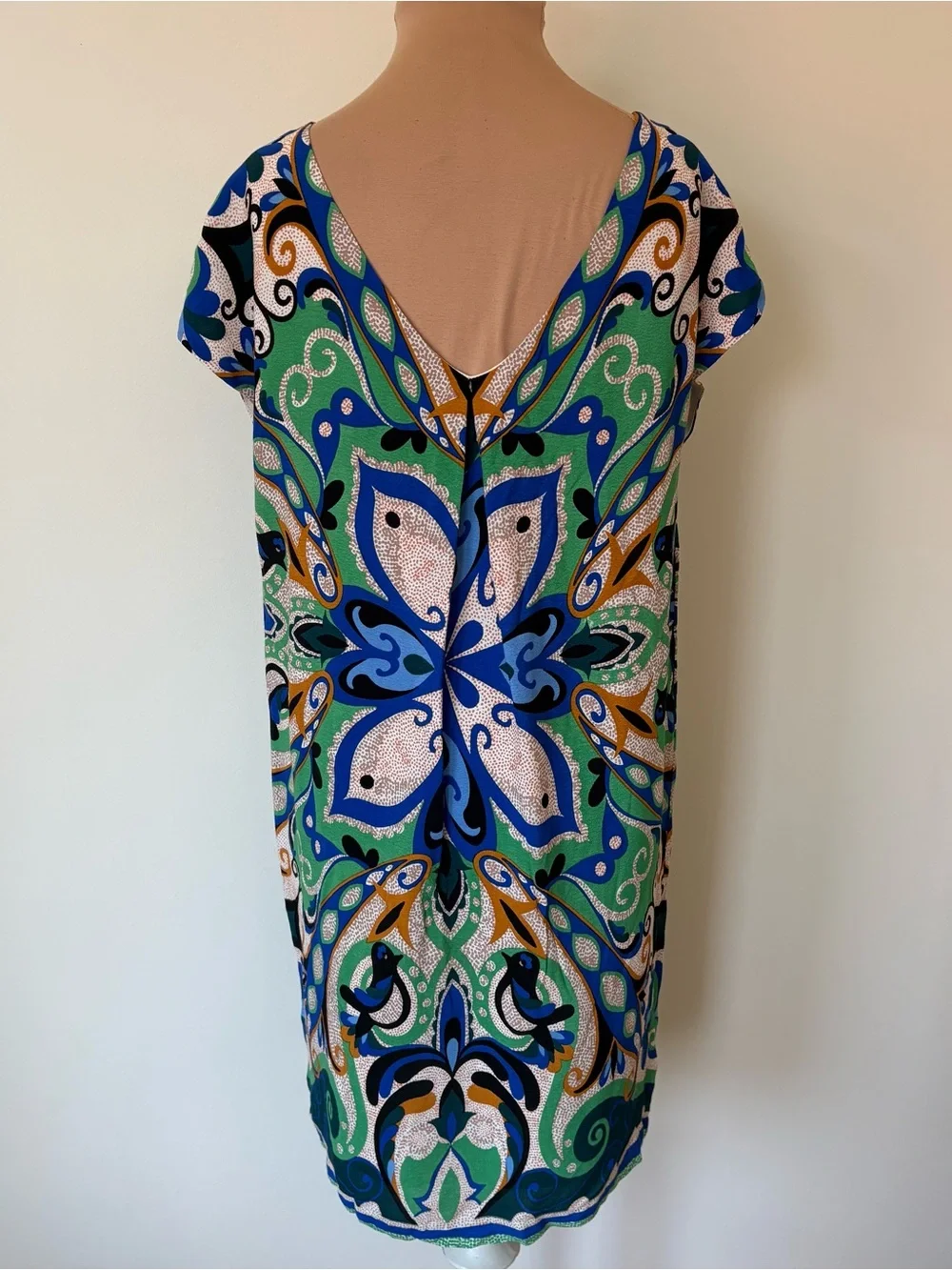 Anthropologie Maeve Folksong Green Blue Multi Paisley V-Neck Shift Dress EUC XS